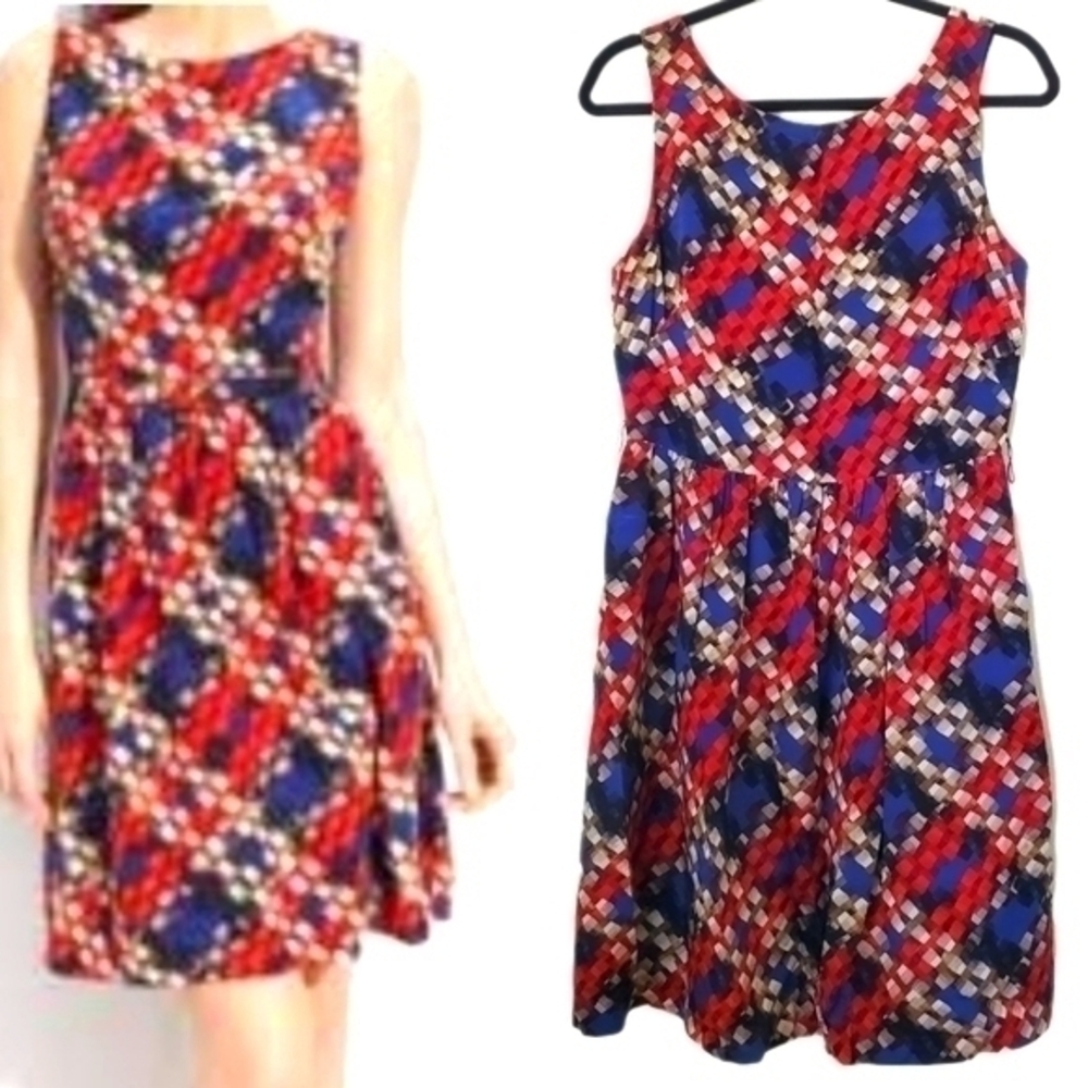 Trina Turk Red & Blue Janny Plaid Sleeveless Silk‎ Dress Made in USA Size 6